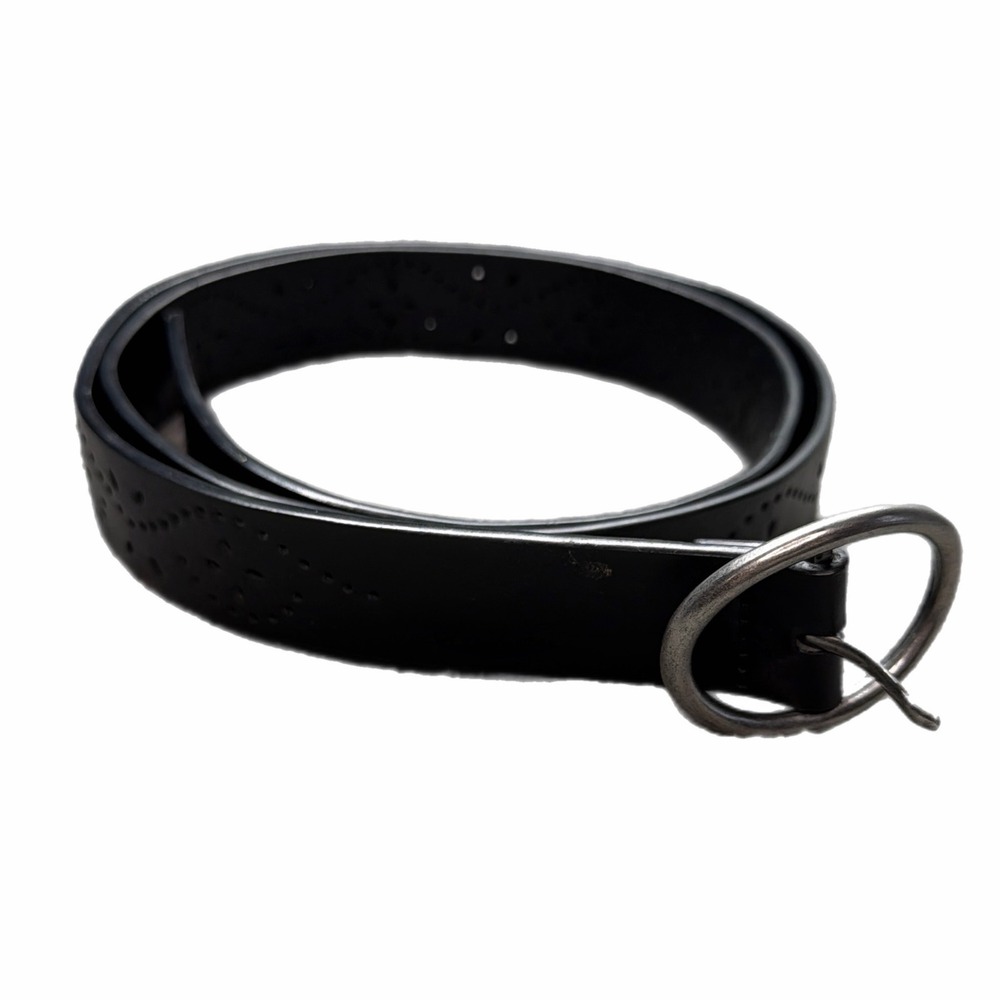 Womens Black Perforated‎ Floral Eyelet Belt Silver Oval Buckle Boho Western Y2k
